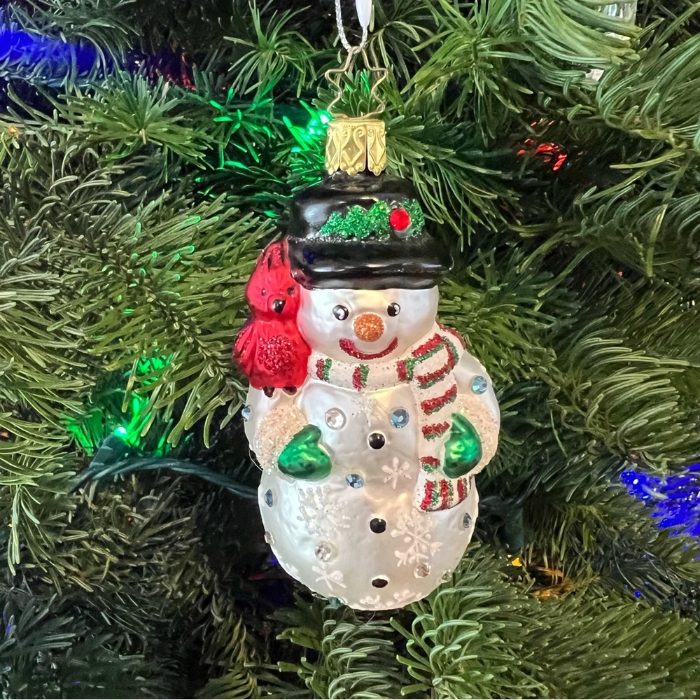 Inge-Glas Dazzling Snowman Blown Glass Christmas Ornament Cardinal Glitter 4.5”